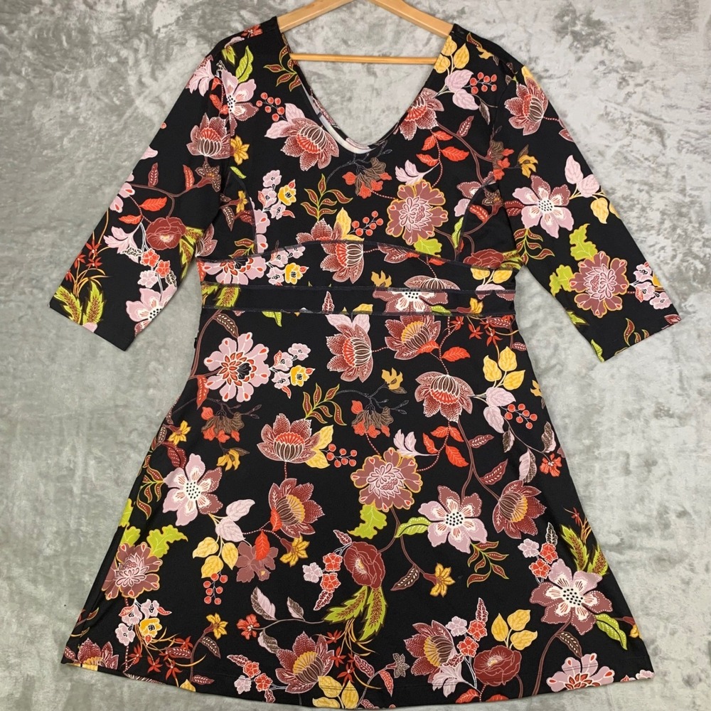 Title Nine Dream Branwen 3/4 Sleeve V-Neck Dress XL Black Floral Zip Pockets